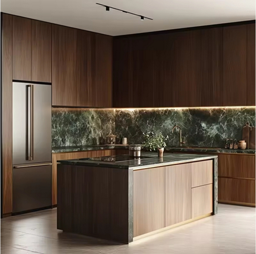 Fregadero de melamina de lujo moderno personalizado, armario de cocina de acero inoxidable para islas de cocina en villas, diseño de muebles