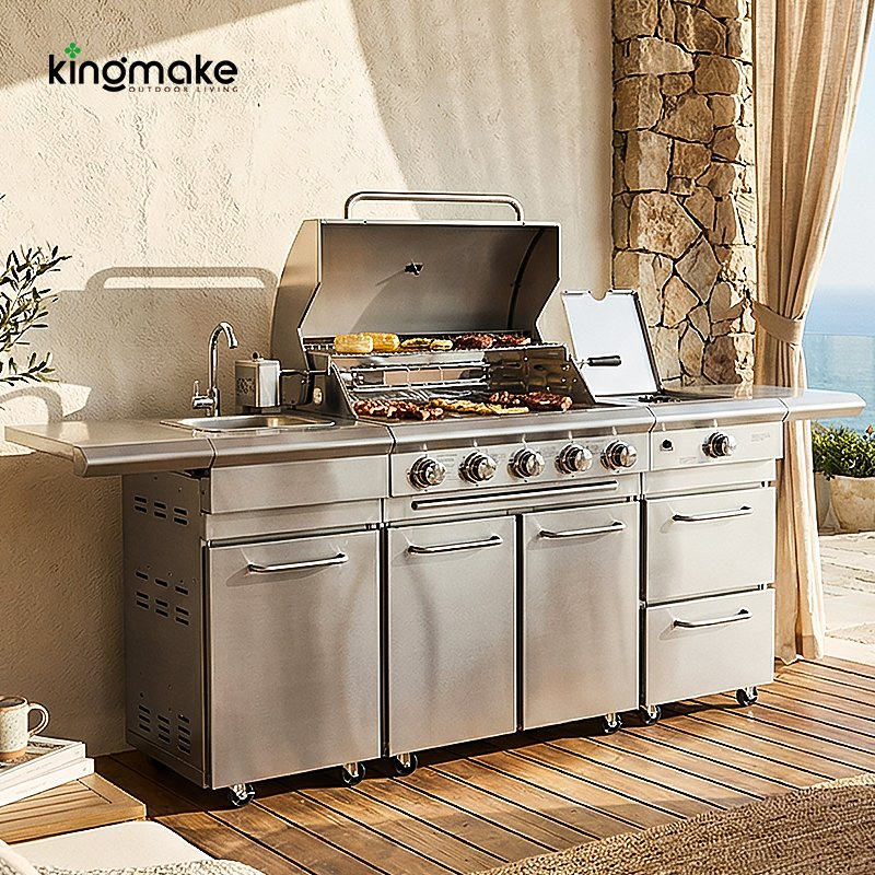 Proveedor de parrillas de isla de cocina al aire libre personalizada de acero inoxidable moderno, muebles de jardín impermeables