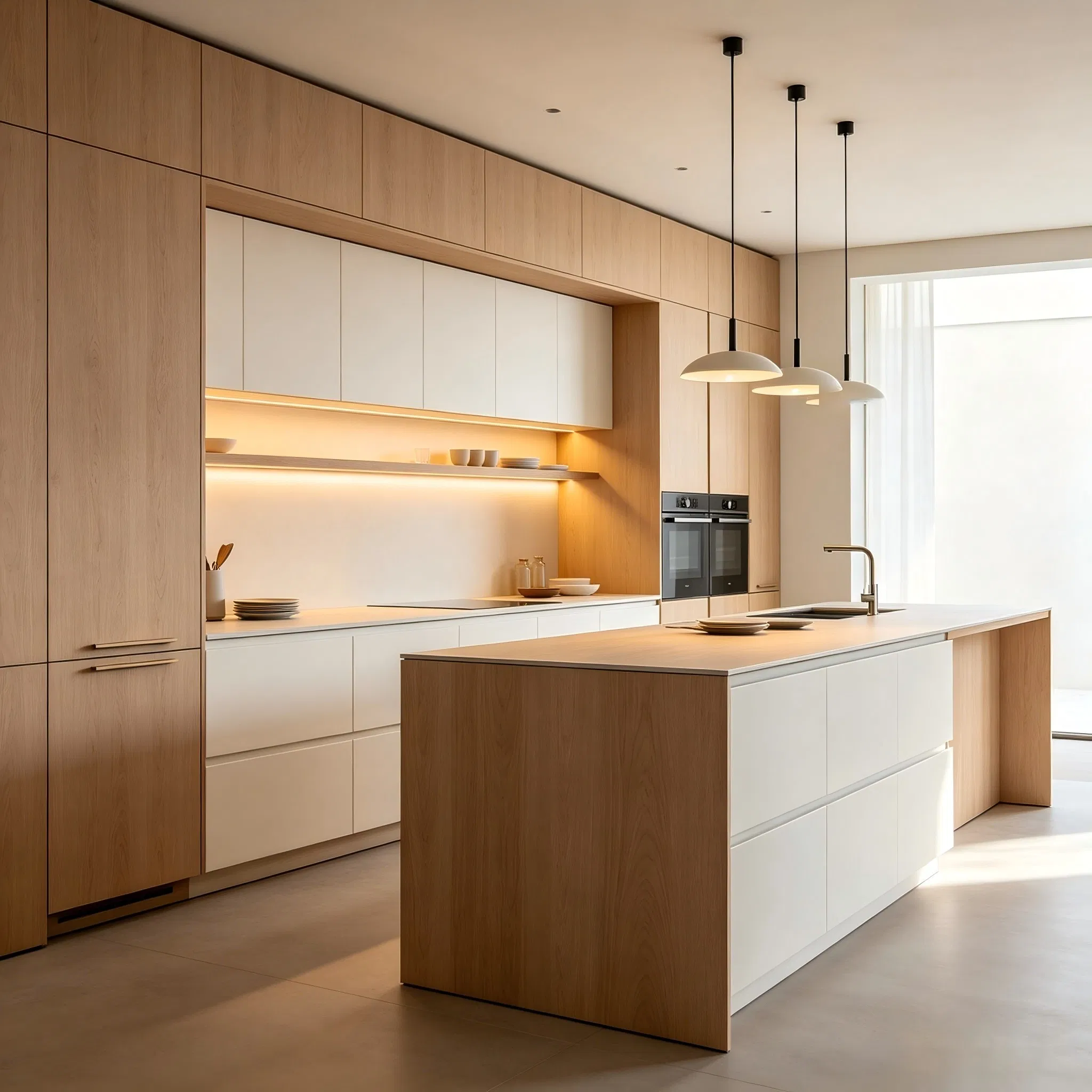 Mueble de cocina de melamina con chapa de madera, bien construido, acero inoxidable, anti moho, Anbangni