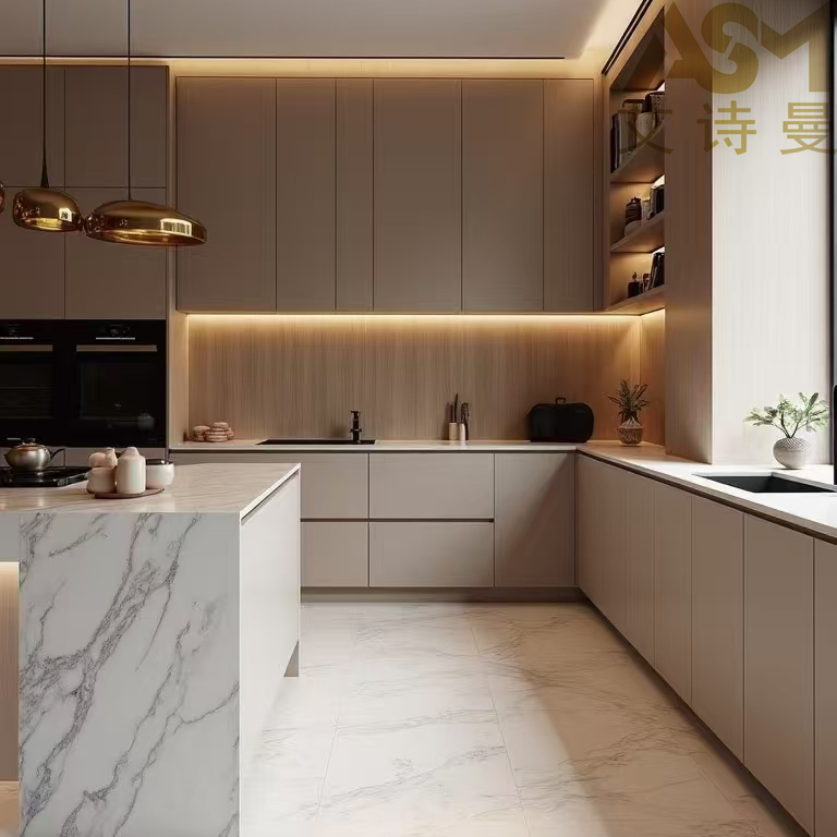 Isla moderna de contrachapado de lujo con tablero de melamina y diseño personalizado de acero inoxidable, armario de cocina moderno brillante listo para llevar al por mayor