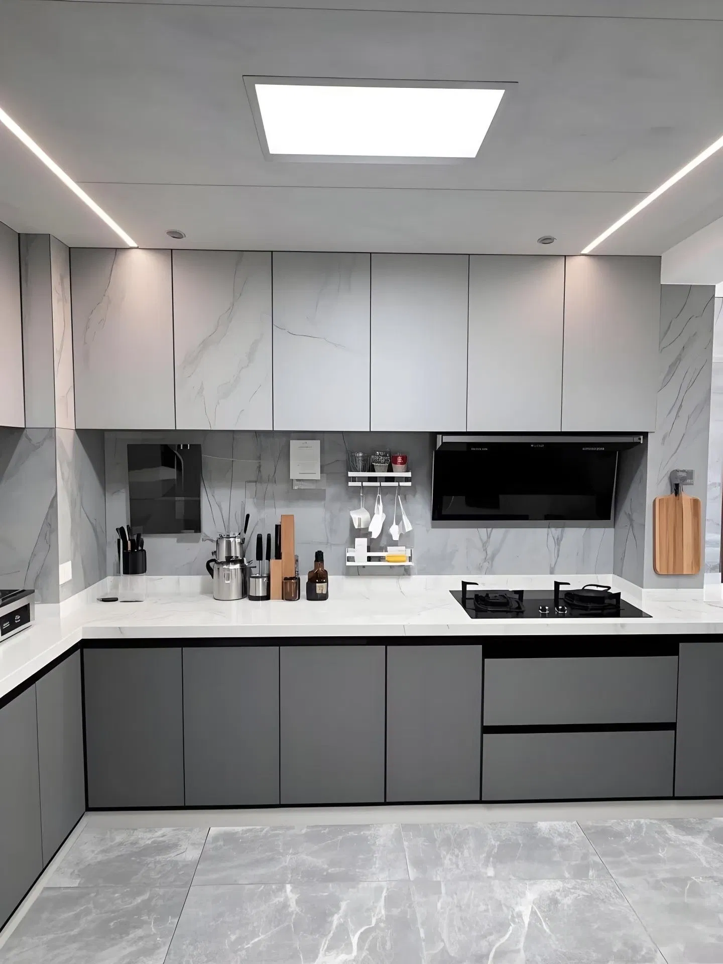 Muebles de cocina de isla de acero inoxidable y contrachapado de lujo para villa, apartamento y hotel