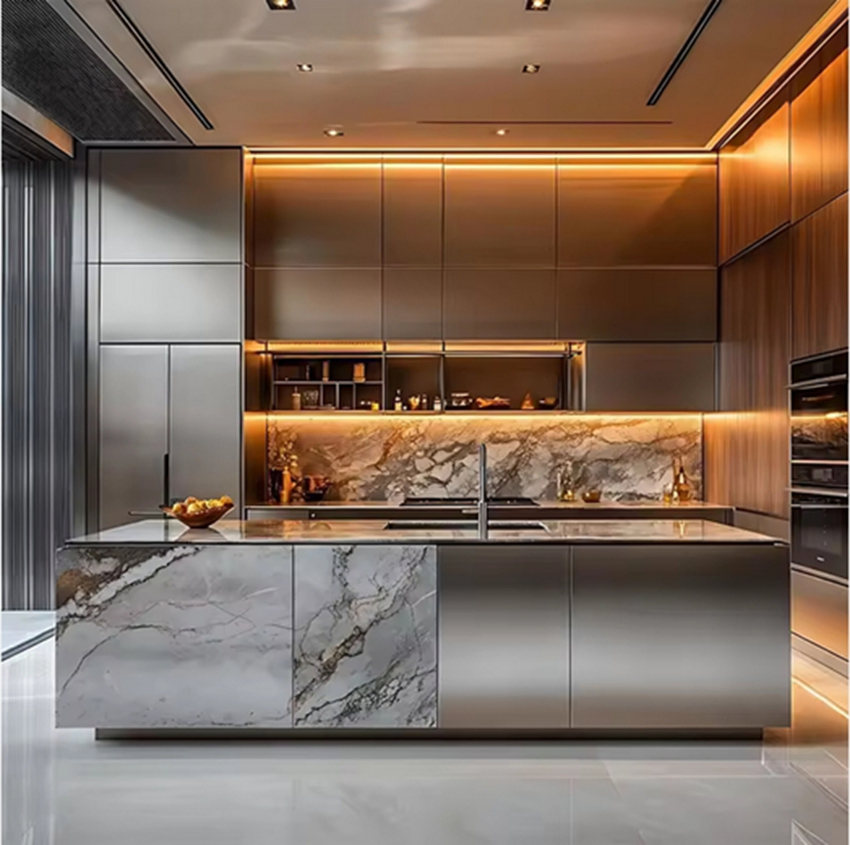 Conjuntos de cocina de acero inoxidable personalizados de lujo, cocinas modulares contemporáneas con fregadero, calidad premium para uso en apartamentos