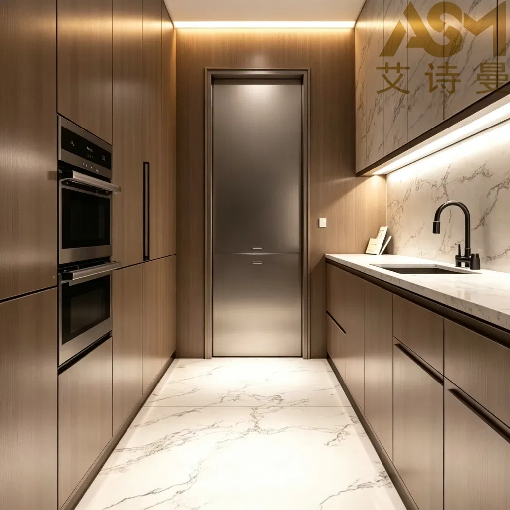 Isla moderna de contrachapado de lujo con tablero de melamina y diseño personalizado de acero inoxidable, armario de cocina moderno brillante listo para llevar al por mayor