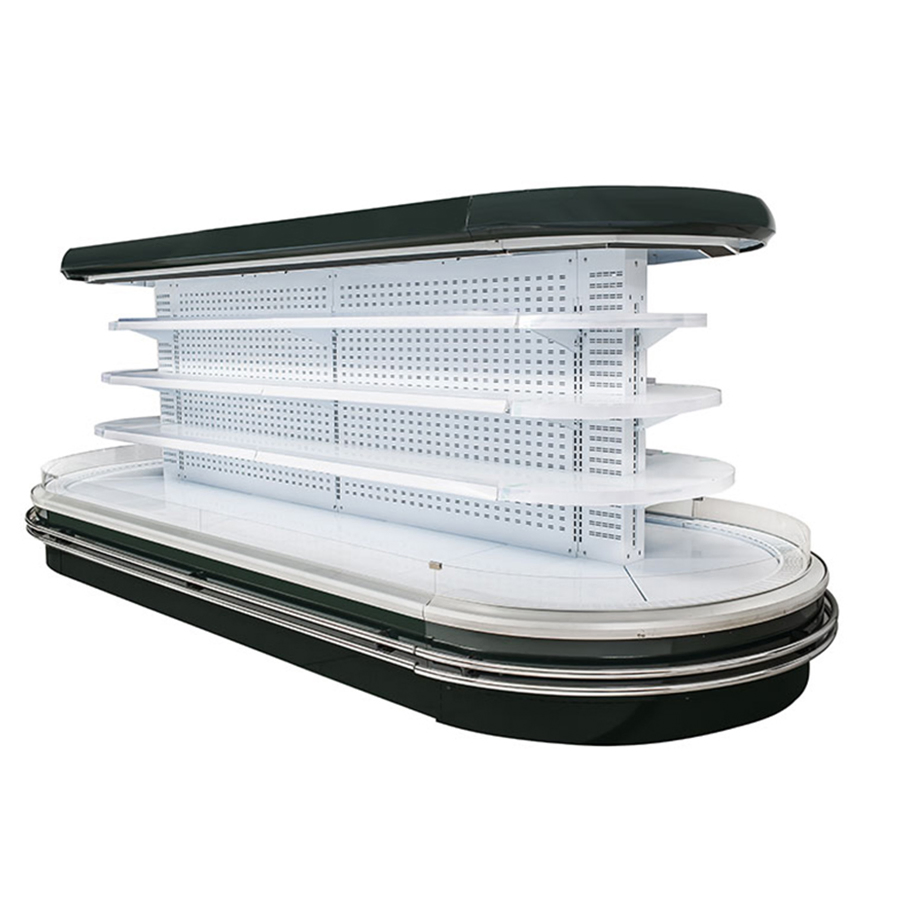 Exhibidor de congelador de cortina de viento de isla, gabinete refrigerado comercial de acero inoxidable para supermercado