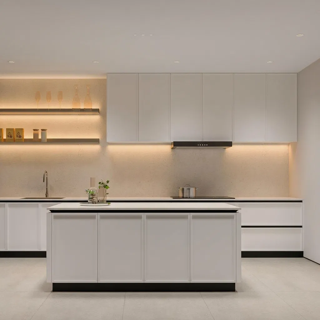 Gabinetes de cocina modernos de madera maciza con paneles, salpicadero de granito y diseño impermeable, muebles de cocina personalizados