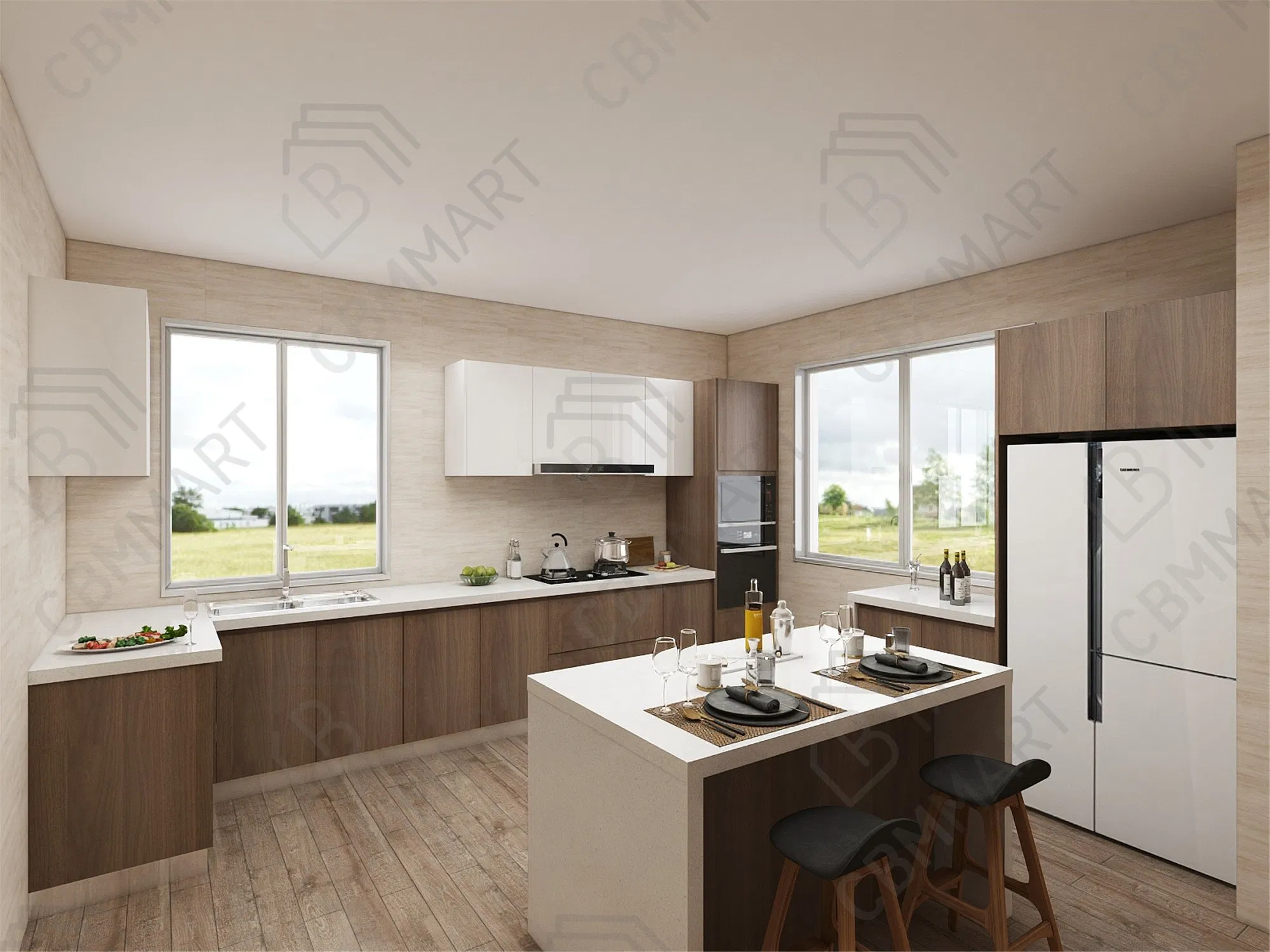 Gabinete de cocina de pared de diseño moderno de aluminio y acero inoxidable de alto brillo de Cbmmart con fregadero