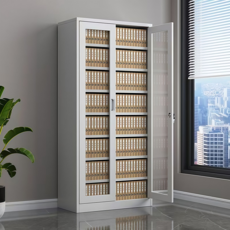 Armario de archivo metálico de doble puerta de vidrio en dos tonos, alto, con estantes interiores ajustables flexibles, almacenamiento práctico y llave individual para documentos de oficina y escuela