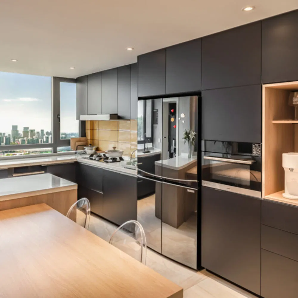 Conjunto de armarios de cocina de laca a medida en forma de U con armario de pared, unidad de cocina modular de contrachapado