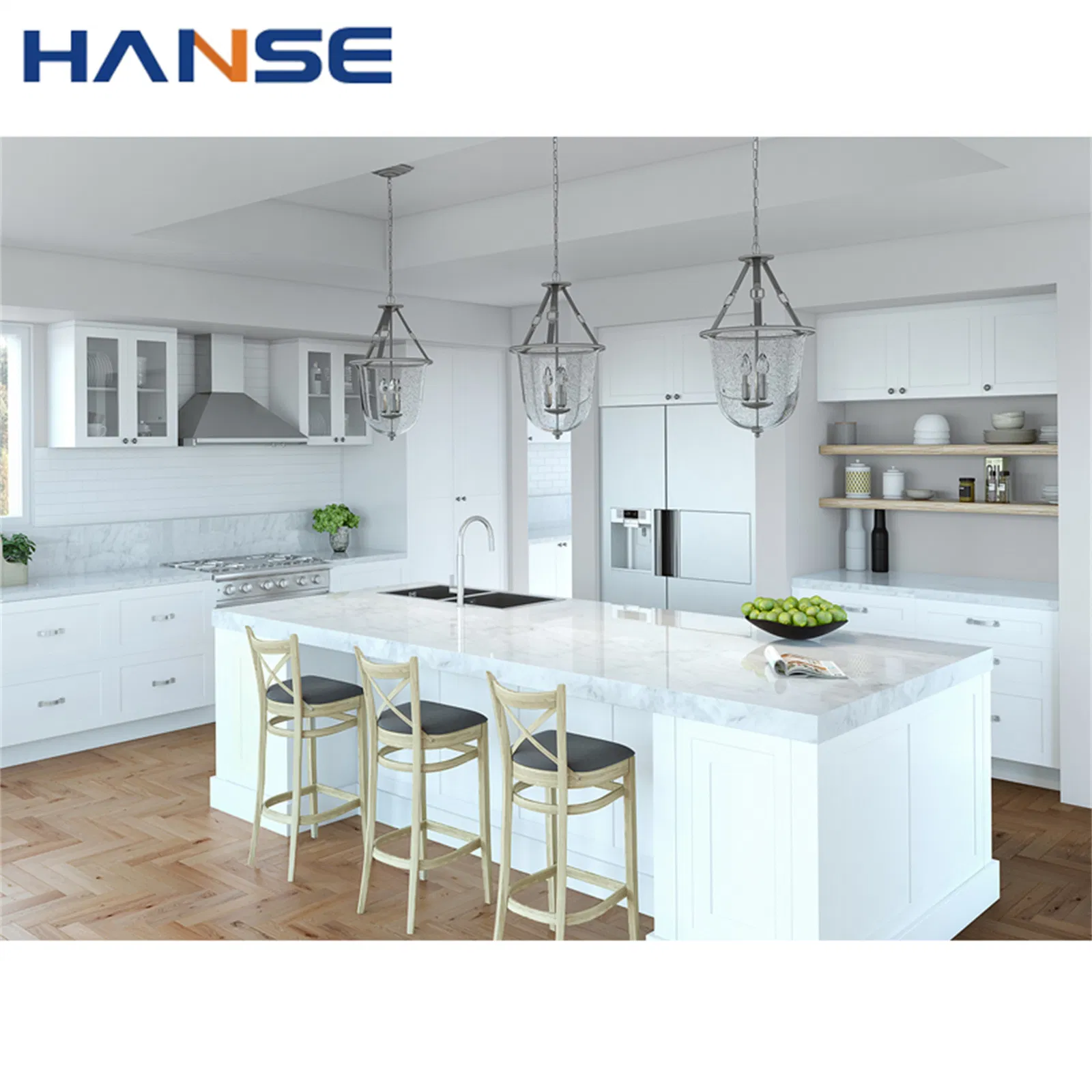 Gabinete de cocina de acero inoxidable de alta gama y alto brillo personalizado con forma de L y isla, y gabinete de pared con elevación automática