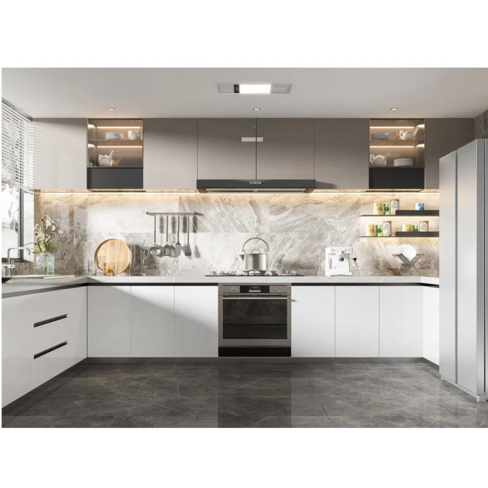 Gabinete de cocina de acero inoxidable con frigorífico alto