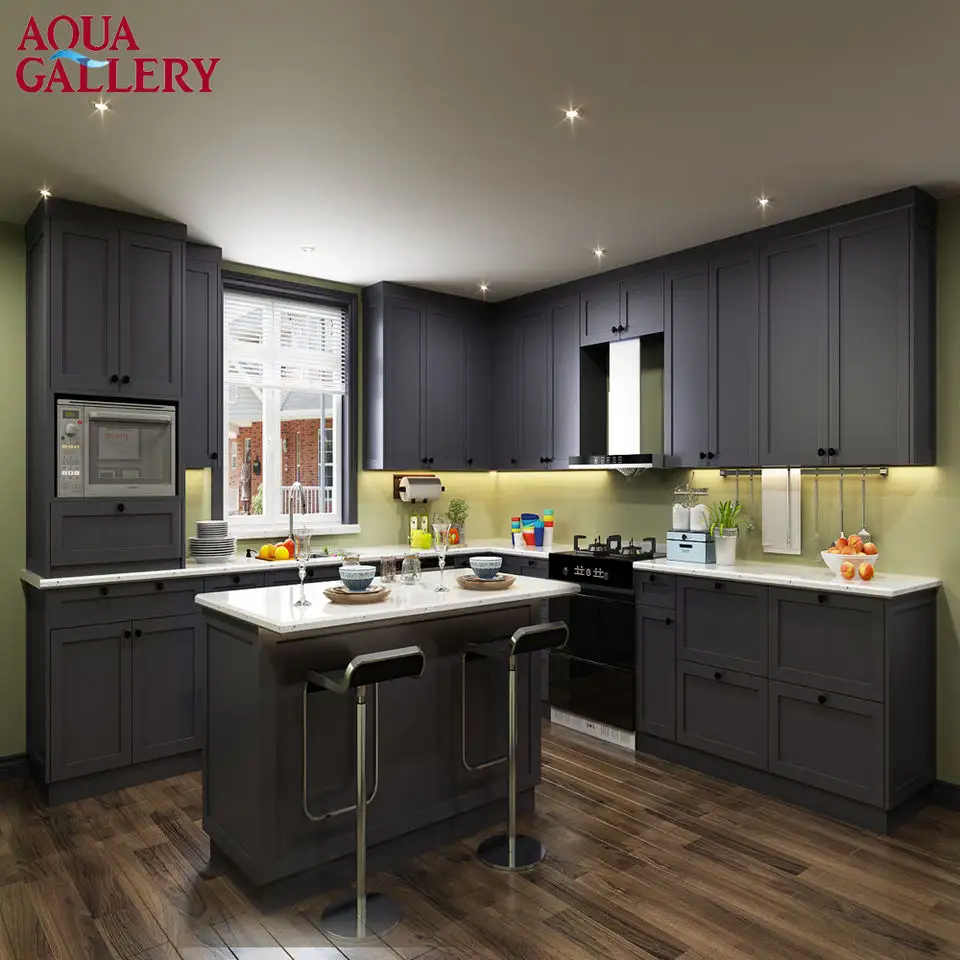 Fabricación de gabinetes de cocina personalizados en China con pintura negra, isla, fregadero de acero inoxidable, laca y diseño de cocina