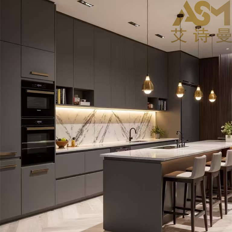 Isla moderna de contrachapado de lujo con tablero de melamina y diseño personalizado de acero inoxidable, armario de cocina moderno brillante listo para llevar al por mayor
