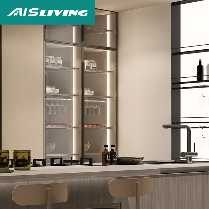 Conjunto de Muebles de Cocina de Carpintería Personalizada Diseño Moderno de Gabinetes de Cocina de Aluminio con Marco de Vidrio en Acero Inoxidable
