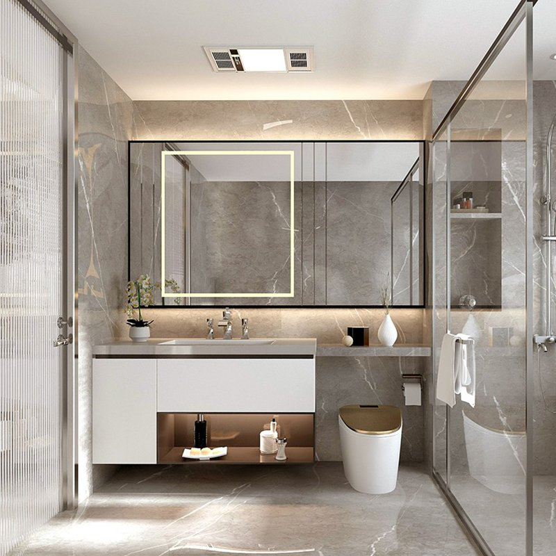 1000mm Conjunto de Espejo LED Inteligente con Eliminación de Vapor, Armario de Baño Moderno de Esquina, Armario de Baño Montado en la Pared de Acero Inoxidable con Lavadora para Dormitorio
