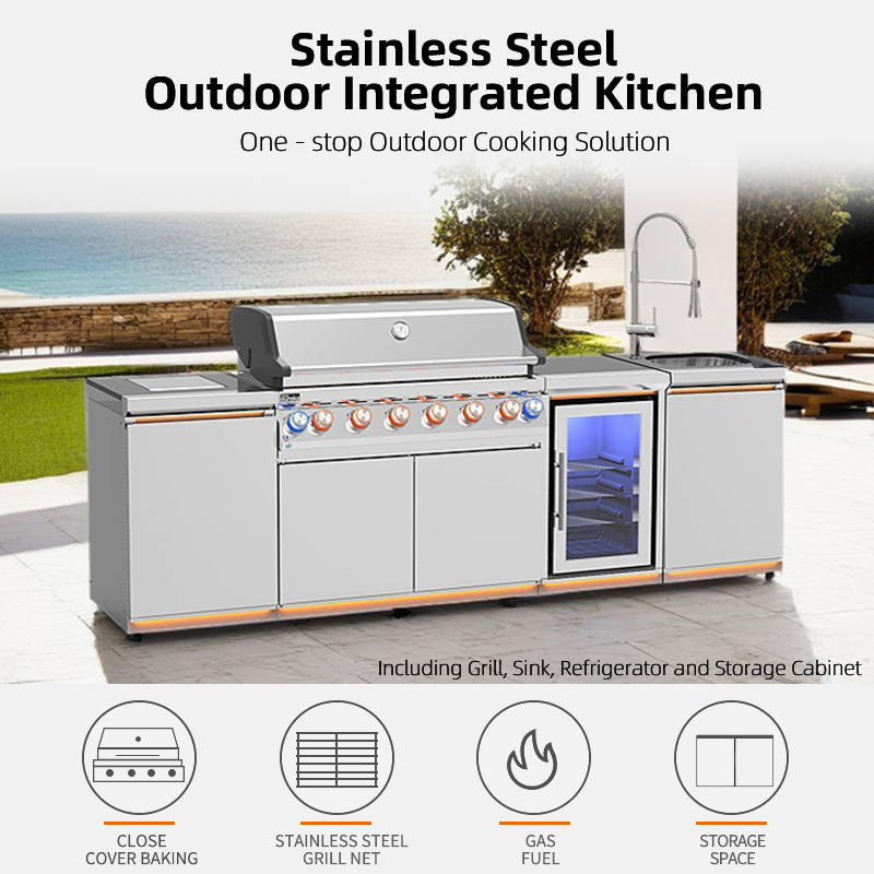 Cocina exterior a medida con gabinete de acero inoxidable y parrilla de gas