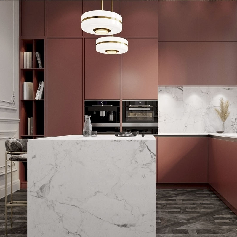 Muebles de cocina de lujo al por mayor, puertas de vidrio modernas de madera maciza con acabado brillante, encimeras de acero inoxidable, isla de exhibición, bisagra de gabinete