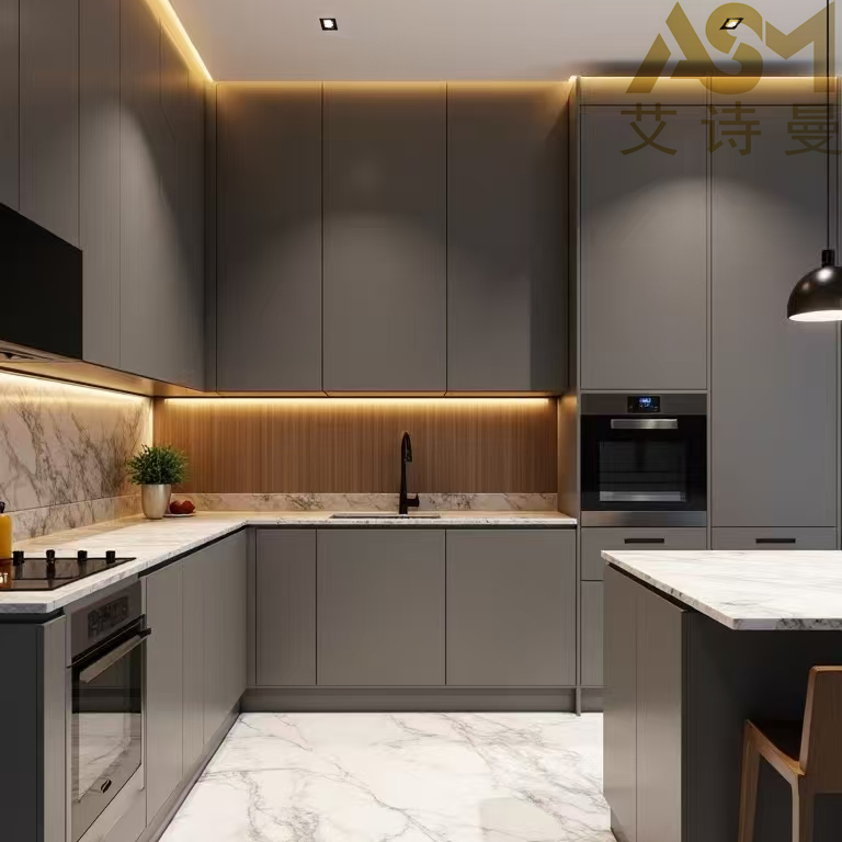 Isla moderna de contrachapado de lujo con tablero de melamina y diseño personalizado de acero inoxidable, armario de cocina moderno brillante listo para llevar al por mayor