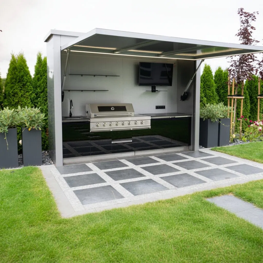 Isla de cocina exterior hecha a medida, gabinete de acero inoxidable, duradero y resistente a la intemperie con parrilla de gas incorporada para cocinar en el patio