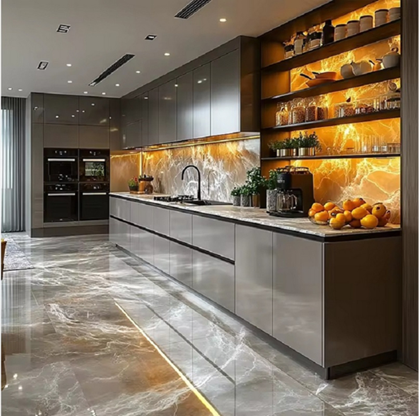 Conjuntos de cocina de acero inoxidable personalizados de lujo, cocinas modulares contemporáneas con fregadero, calidad premium para uso en apartamentos