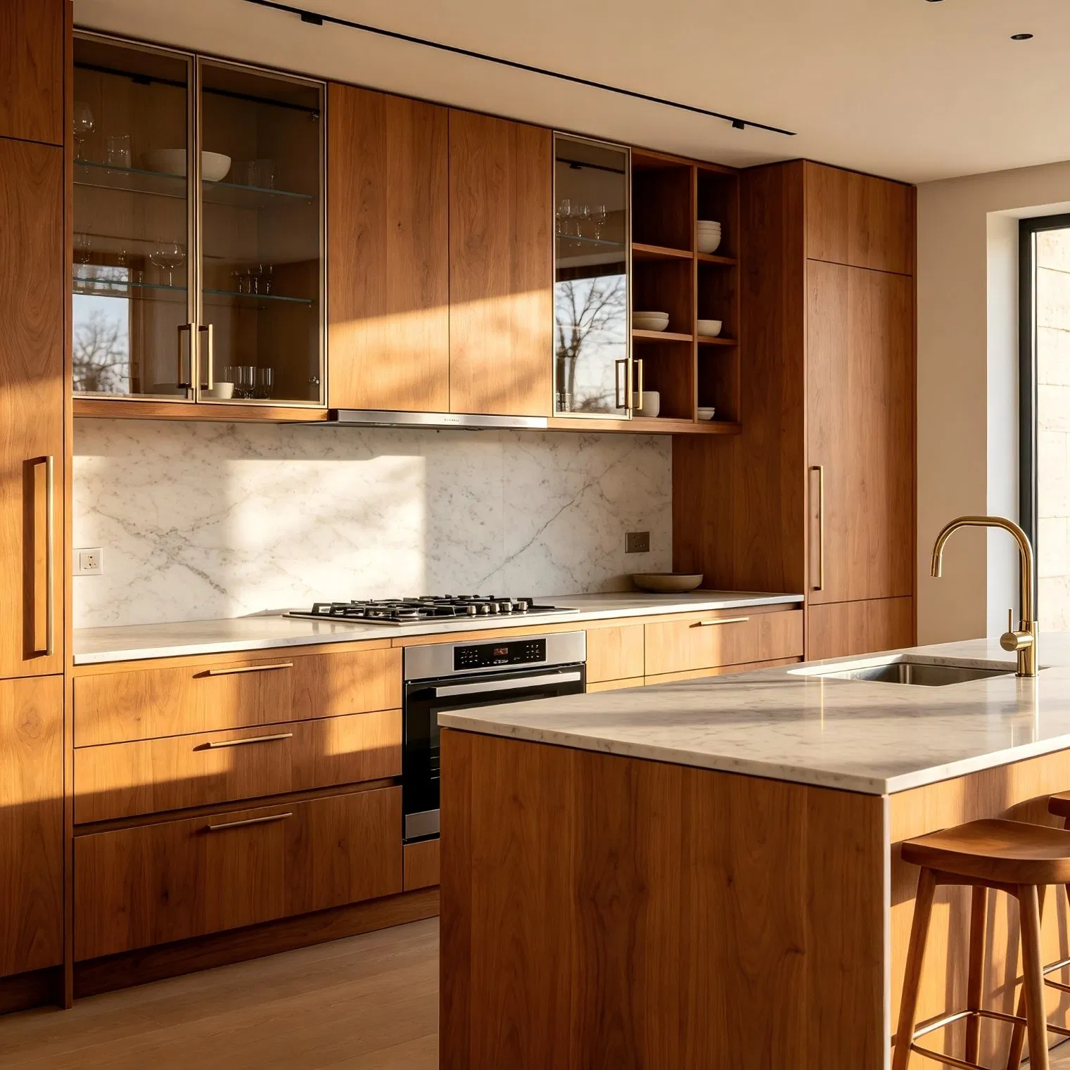 Mueble de cocina de melamina sostenible con chapa de madera, armario de acero inoxidable sin marco Anbangni