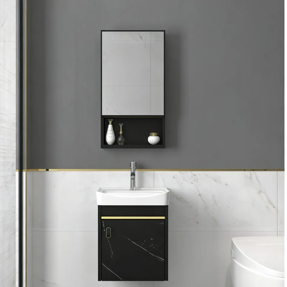 Diseño de lavabo de esquina compacto maximiza el espacio en un gabinete de baño eficiente