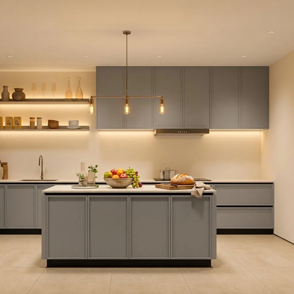 Gabinetes de cocina modernos de madera maciza con paneles, salpicadero de granito y diseño impermeable, muebles de cocina personalizados