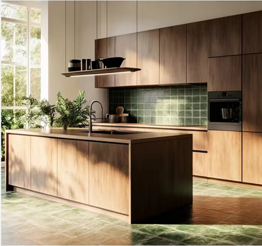 Fregadero de melamina de lujo moderno personalizado, armario de cocina de acero inoxidable para islas de cocina en villas, diseño de muebles