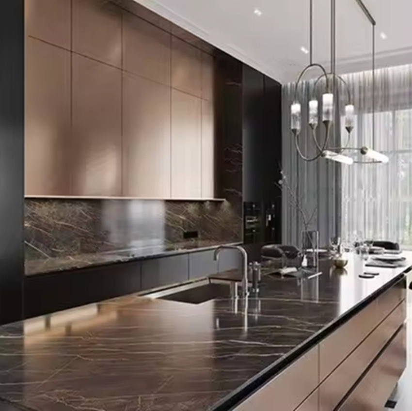 Gabinetes de cocina de metal con isla, conjunto de muebles de acero inoxidable moderno, diseños de gabinetes de cocina de aluminio modulares, fabricados en China