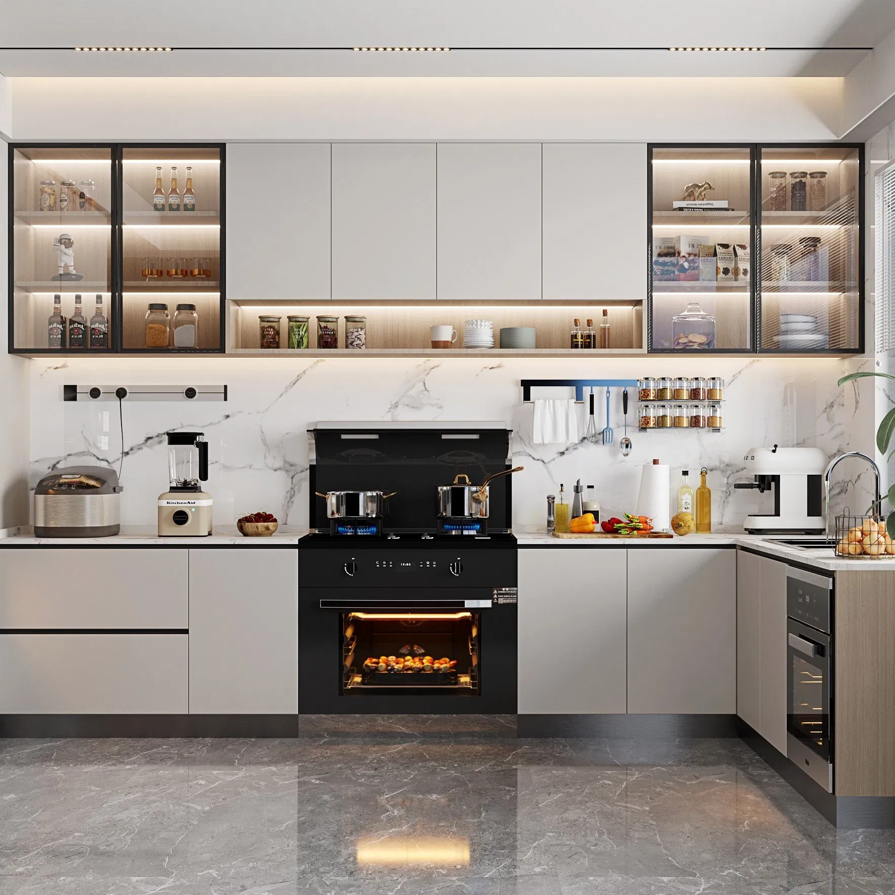 Mueble de cocina moderno de madera maciza antigua de lujo, armario de cocina de acero inoxidable personalizado en acero
