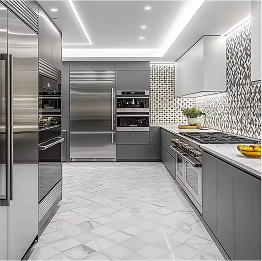 Conjuntos de cocina de acero inoxidable personalizados de lujo, cocinas modulares contemporáneas con fregadero, calidad premium para uso en apartamentos