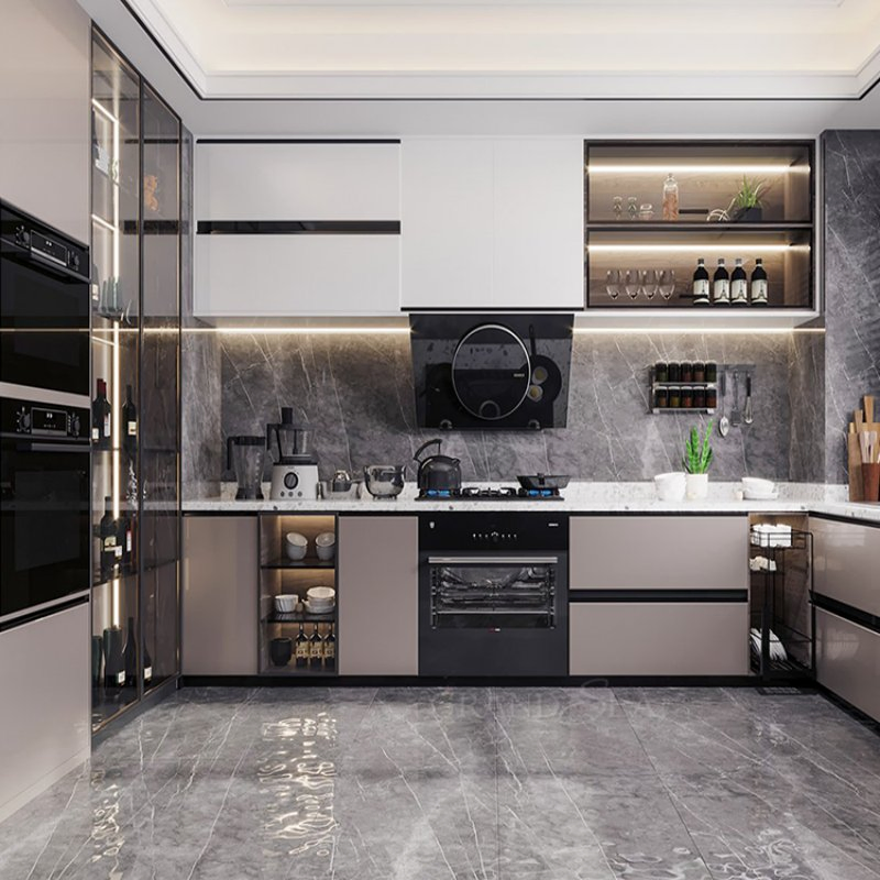 Muebles a medida de lujo, prefabricados, completos, modulares, con bisagras de cierre suave, acero inoxidable, sin manijas, modernos, armarios de cocina RTA