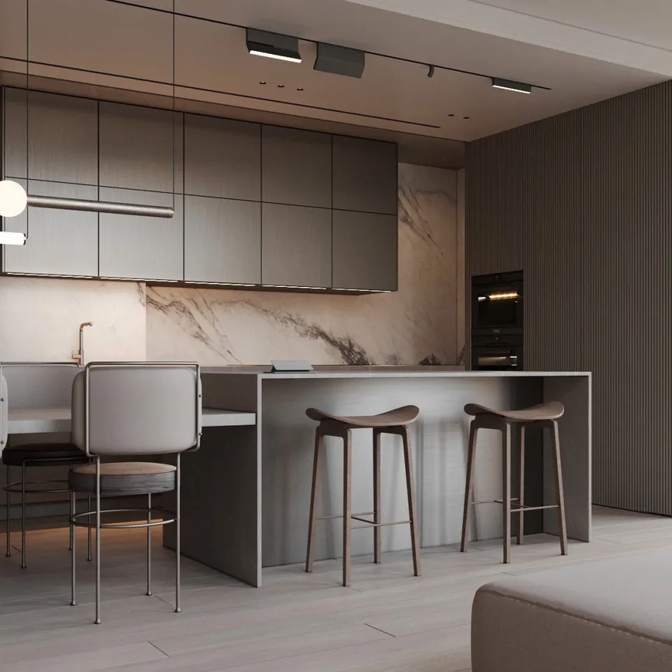 Fabricación de gabinetes de cocina personalizados en China con pintura negra, isla, fregadero de acero inoxidable, laca y diseño de cocina