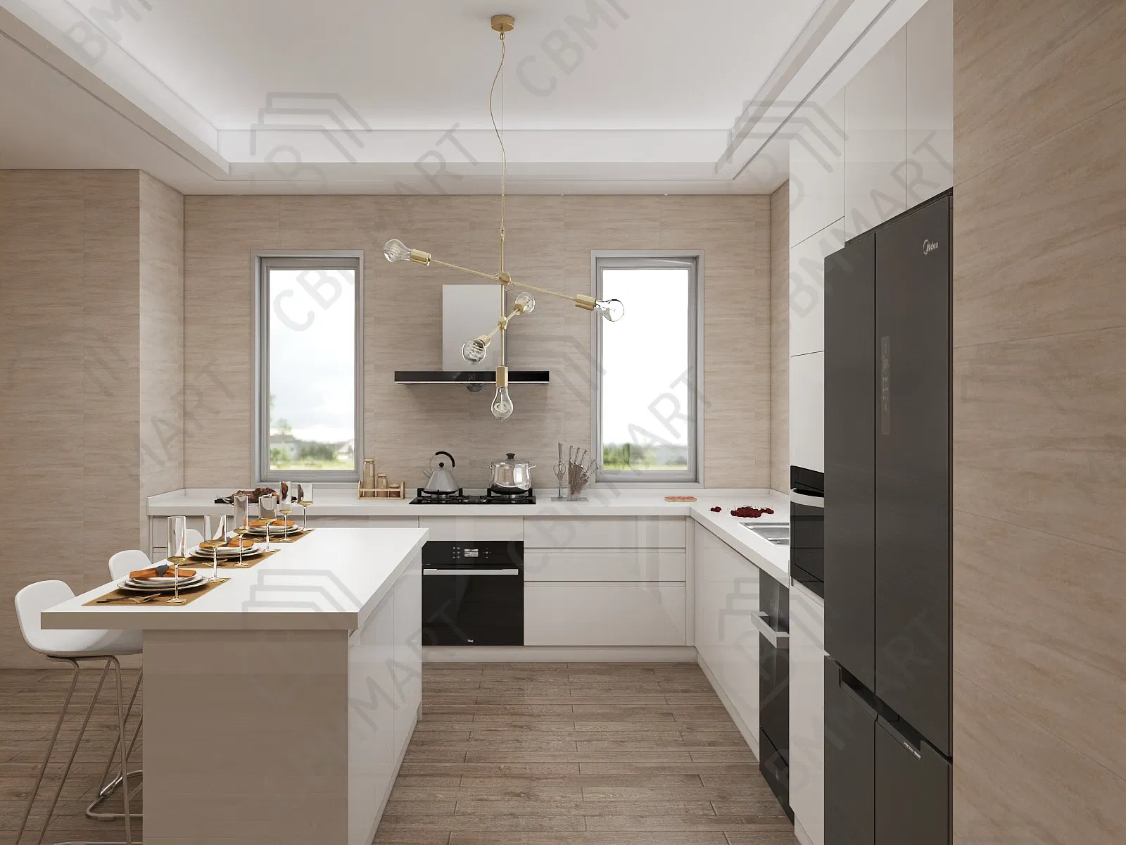 Gabinete de cocina de pared de diseño moderno de aluminio y acero inoxidable de alto brillo de Cbmmart con fregadero