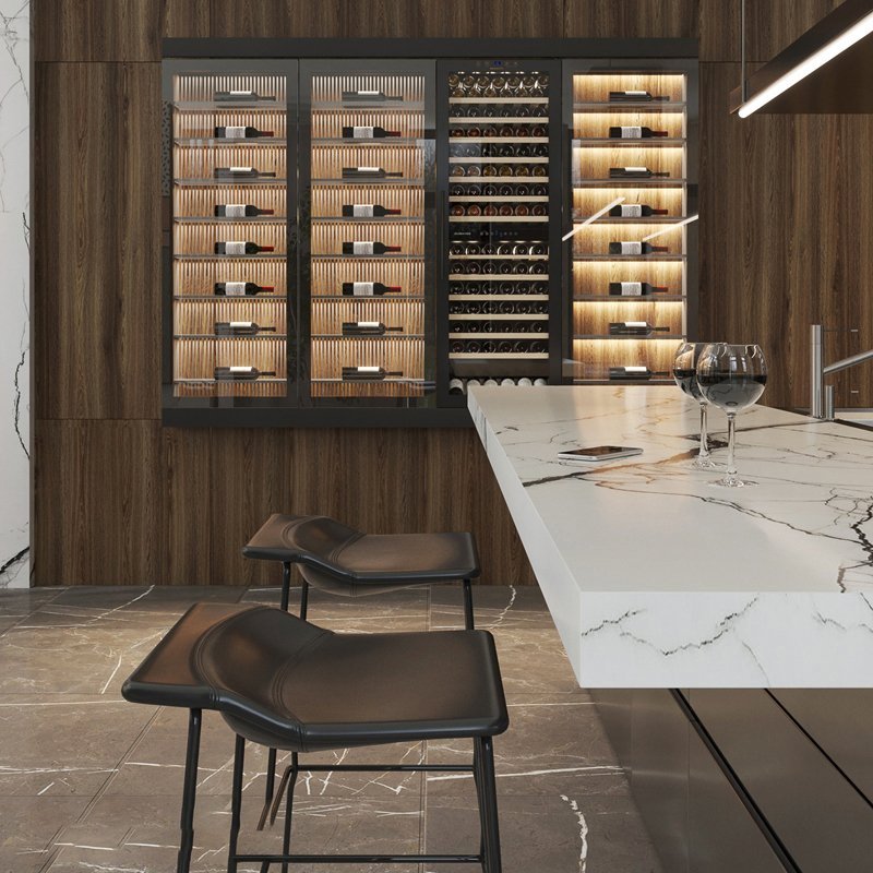 Muebles de cocina de lujo al por mayor, puertas de vidrio modernas de madera maciza con acabado brillante, encimeras de acero inoxidable, isla de exhibición, bisagra de gabinete