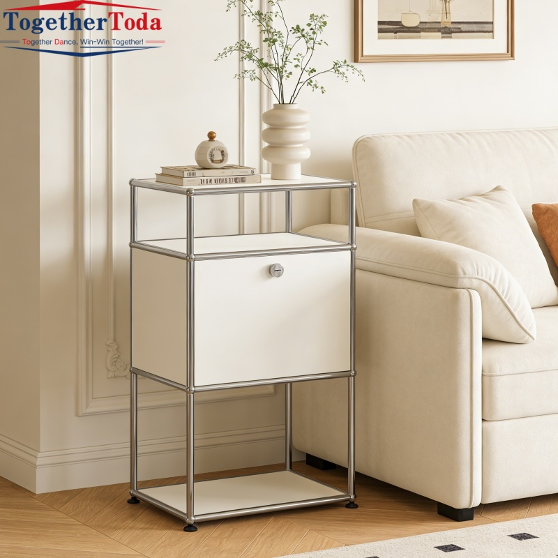 Mesa de extremo modular alta 3-Tier con gabinete de almacenamiento bloqueable y marco de acero inoxidable para espacios pequeños, uso en hoteles y en casa