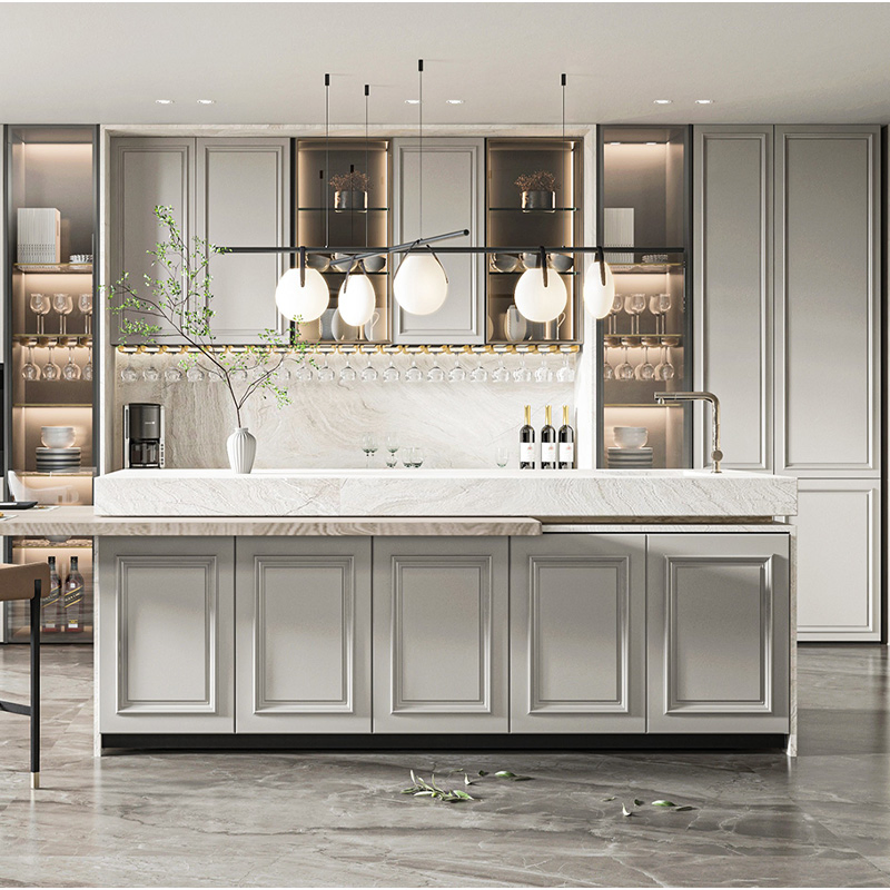 Conjunto de armario de almacenamiento buffet exterior personalizado en acero inoxidable/metal azul y blanco, organizador colgante de cocina