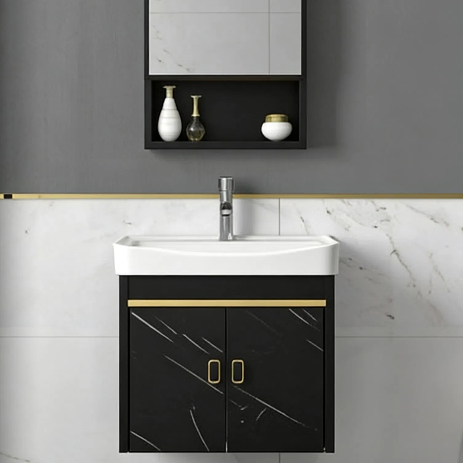 Diseño de lavabo de esquina compacto maximiza el espacio en un gabinete de baño eficiente