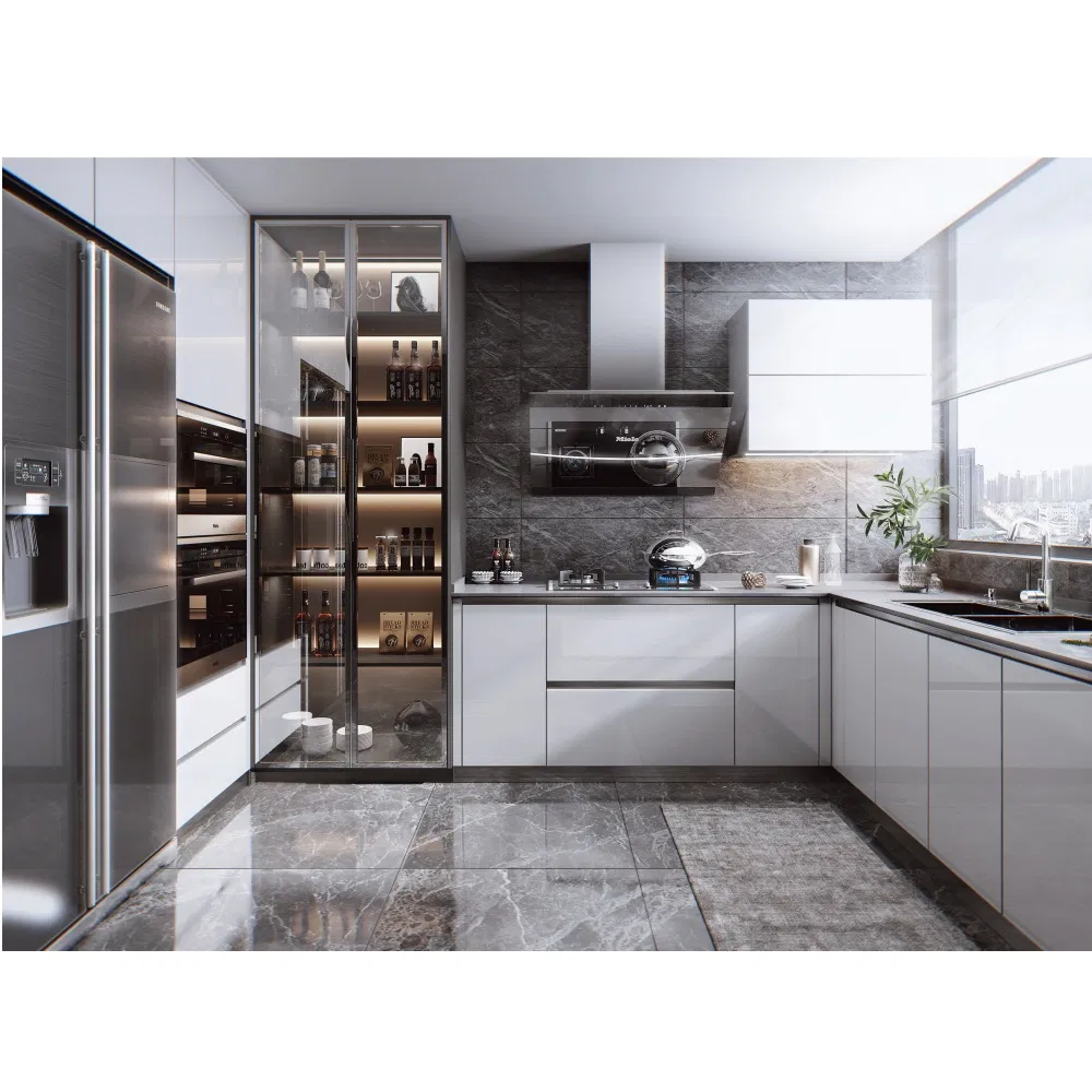 Gabinete de cocina de acero inoxidable con frigorífico alto