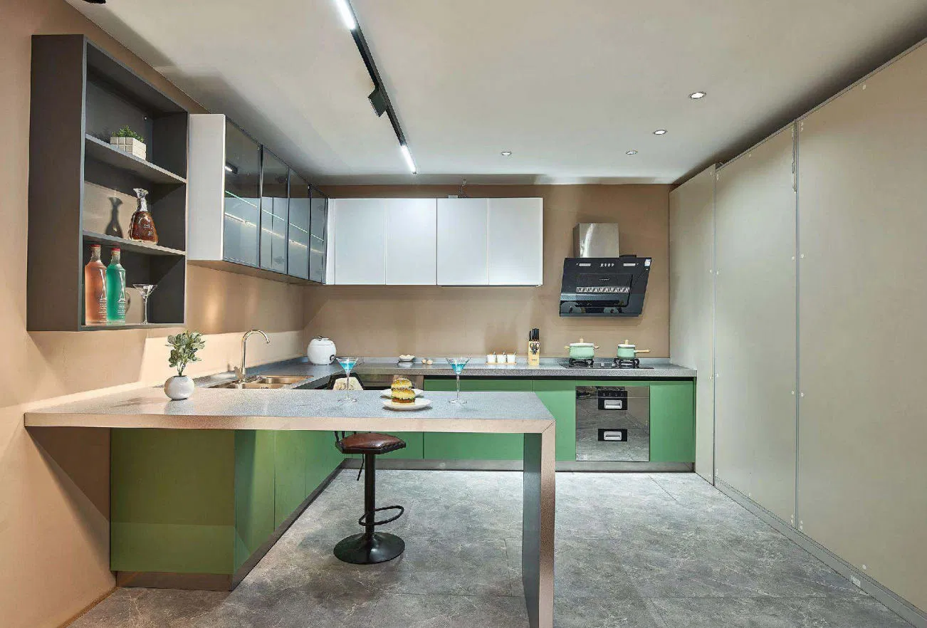Gabinetes de cocina de acero inoxidable modular moderno para uso en proyectos de isla y despensa en villas