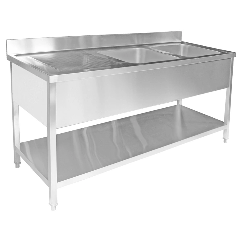 Mesa de trabajo de acero inoxidable industrial con gabinete y fregadero individual