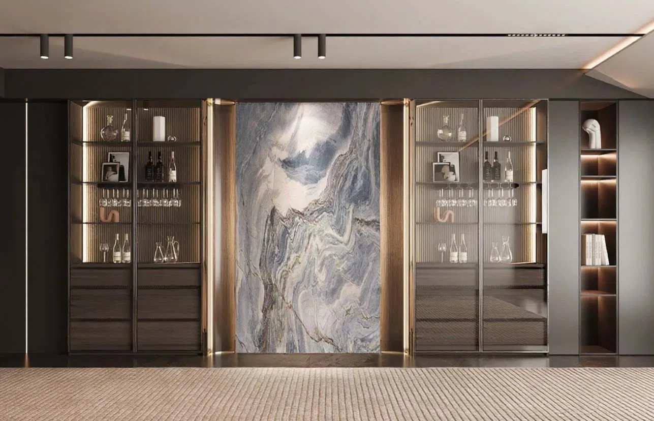 Gabinete de vino montado en la pared de acero inoxidable con LED personalizado para hotel y villa
