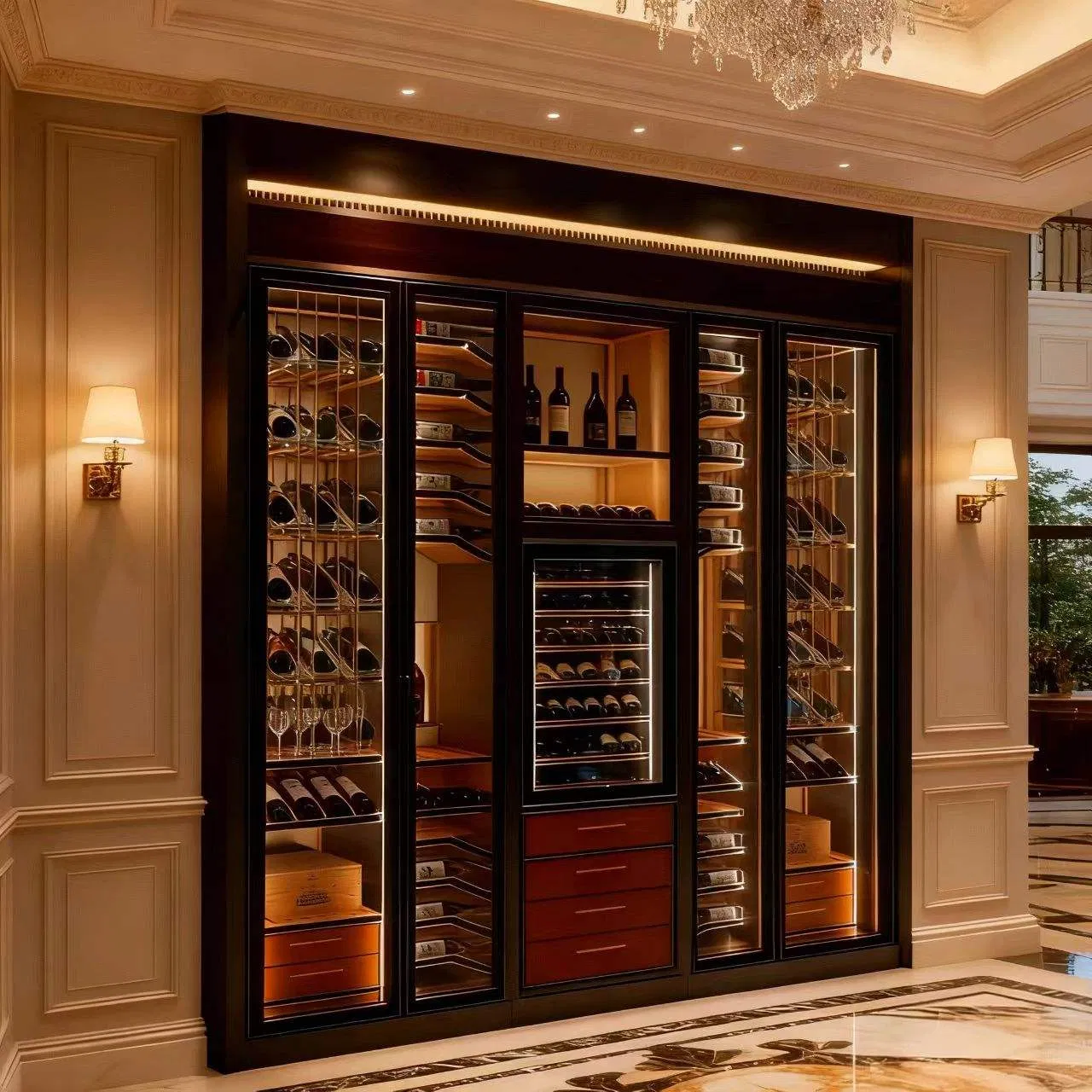 Gabinete de almacenamiento de vino de lujo moderno personalizado de acero inoxidable con exhibición de acrílico y metal