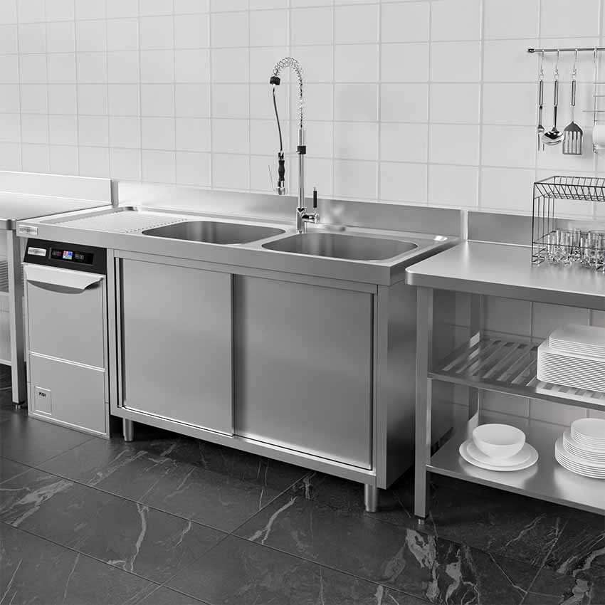 Gabinete de cocina de restaurante con fregadero de acero inoxidable, gabinete de acero inoxidable hecho a medida con lavabo