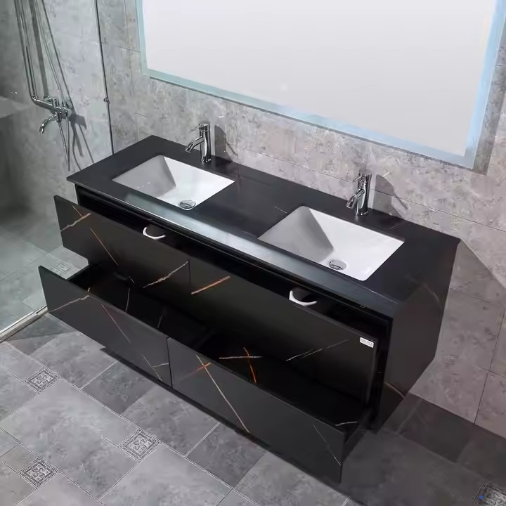 Espejo de armario de hotel de piedra sinterizada resistente al ácido, acero inoxidable y vidrio, lavabo de baño montado en la pared de alta calidad