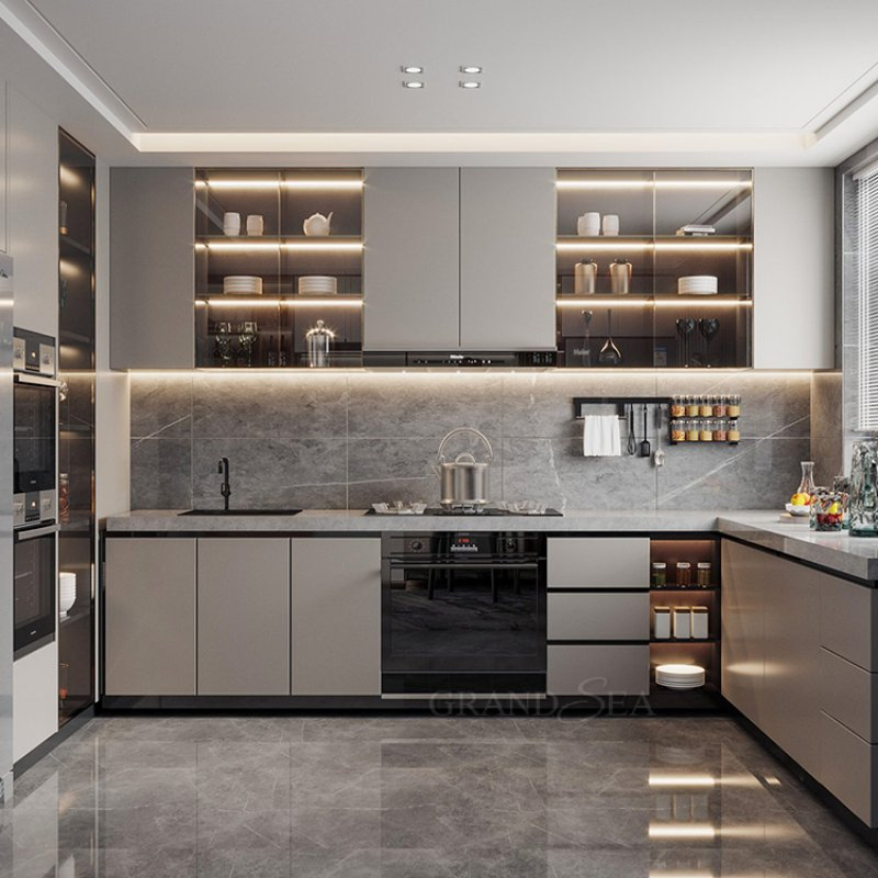 Muebles a medida de lujo, prefabricados, completos, modulares, con bisagras de cierre suave, acero inoxidable, sin manijas, modernos, armarios de cocina RTA