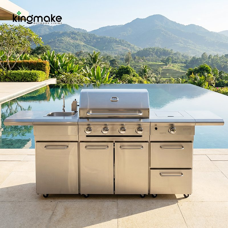 Proveedor de parrillas de isla de cocina al aire libre personalizada de acero inoxidable moderno, muebles de jardín impermeables