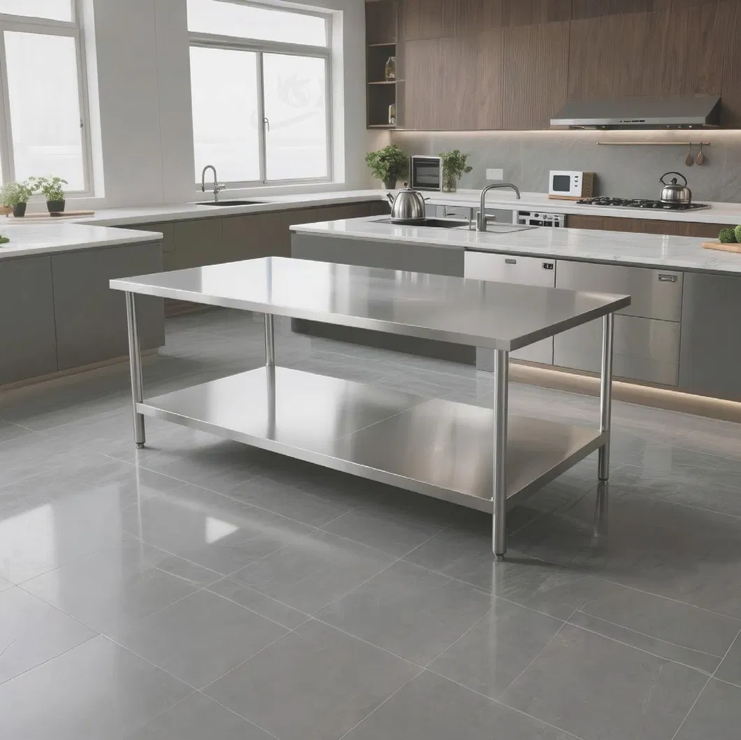 Mesa de trabajo moderna de acero inoxidable duradero con salpicadero para cocina, hogar o almacén