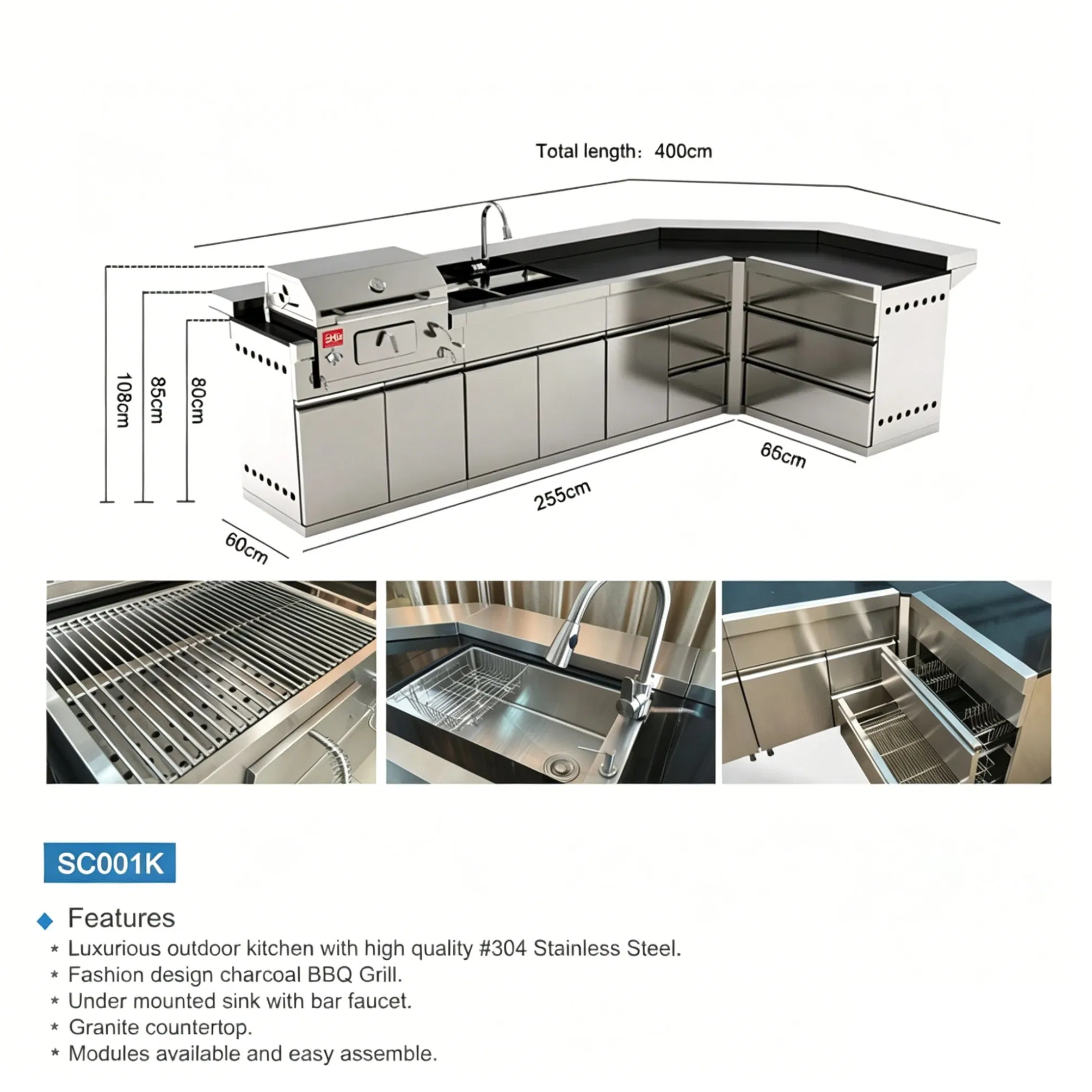 Gabinete de Cocina de Acero Inoxidable Profesional 304 con Fregadero y Unidad de Cajones