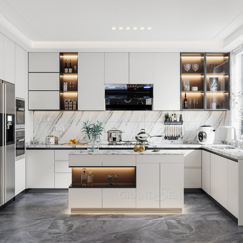 Muebles a medida de lujo, prefabricados, completos, modulares, con bisagras de cierre suave, acero inoxidable, sin manijas, modernos, armarios de cocina RTA