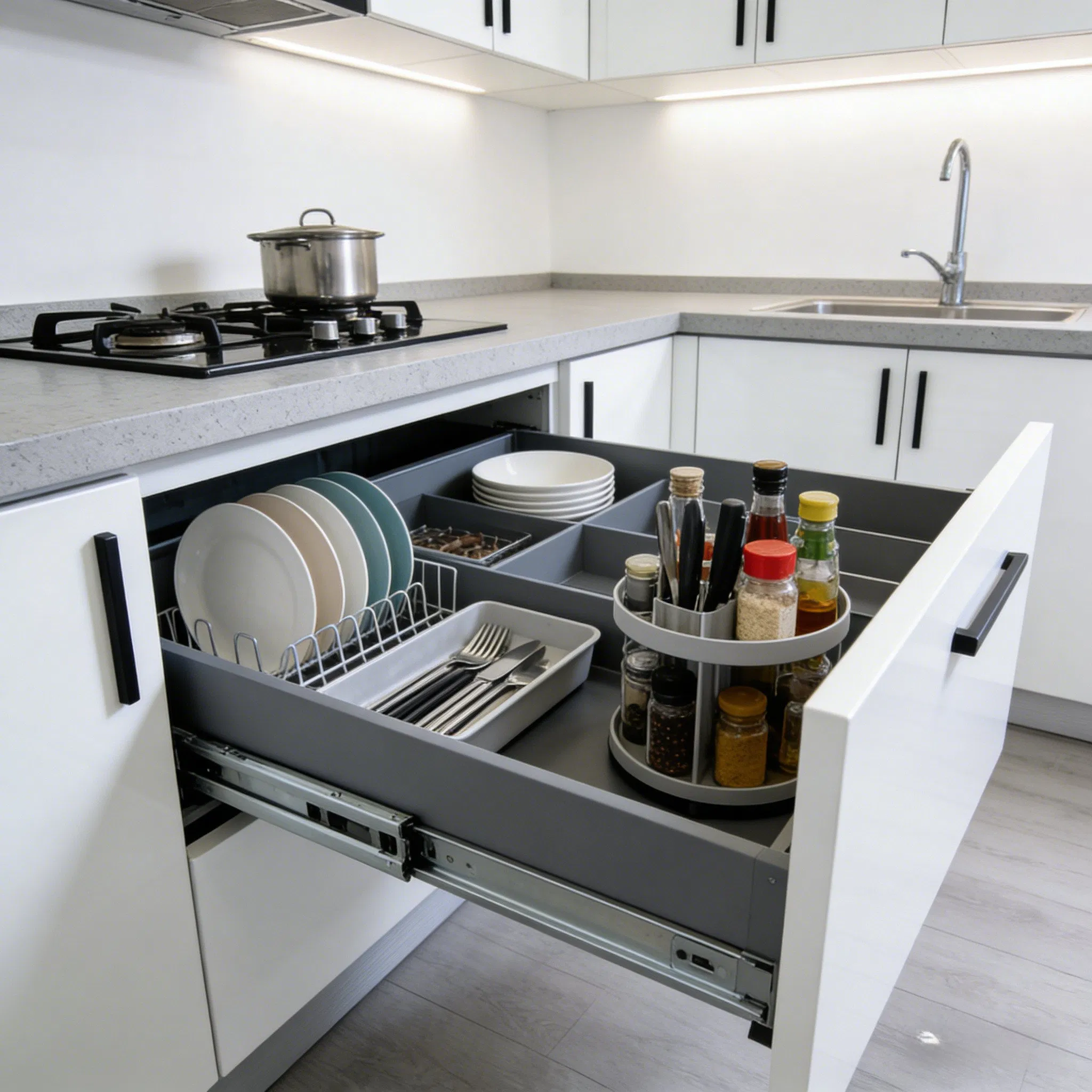 Gabinetes de cocina modernos en gris oscuro con acentos de acero inoxidable, encimera de mármol e isla